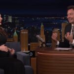 Anne Hathaway and Jimmy Fallon share a laugh while discussing Verity and her viral red carpet moment on The Tonight Show